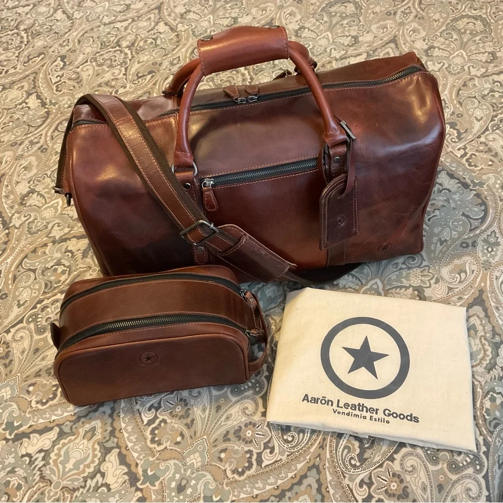 New Aaron Leather Goods Travel Duffle Bag and Toiletry bag